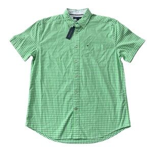 Tommy Hilfiger Men's Short Sleeve Green Gingham Casual Button Down Shirt Size L